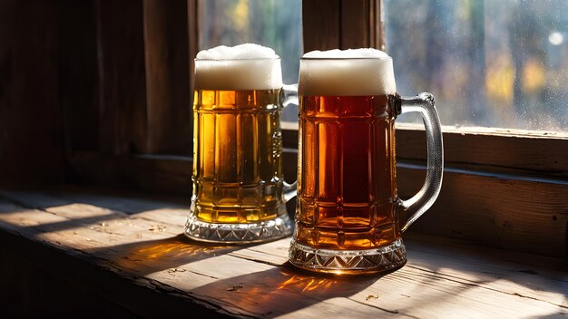 two mugs of beer sit on a table with the sun shining through the window