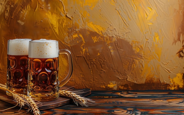 Two mugs of beer with wheat on a wooden table against a yellow and brown background