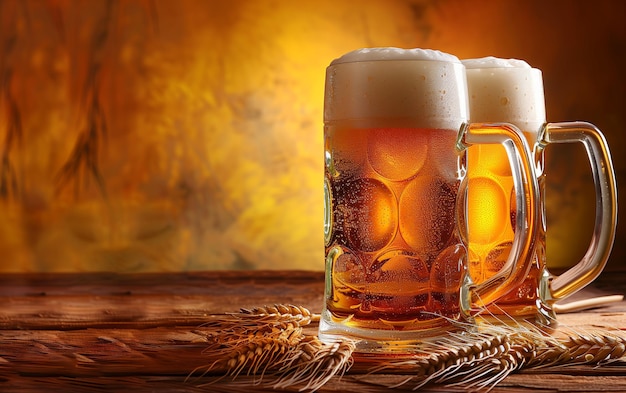 Two mugs of beer with wheat on a wooden table against a yellow and brown background