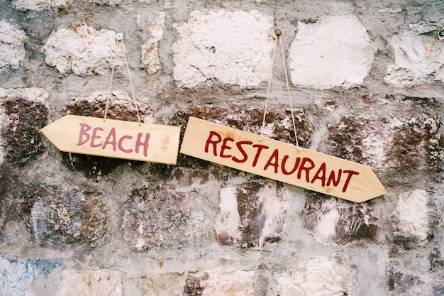 Two multidirectional signs with inscriptions hang on a stone wall