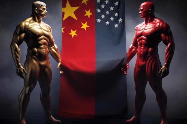 Two muscular human figures symbolizing China and America confront each other holding Chinese and American flags in their hands Confrontation between the two strongest economies in the world