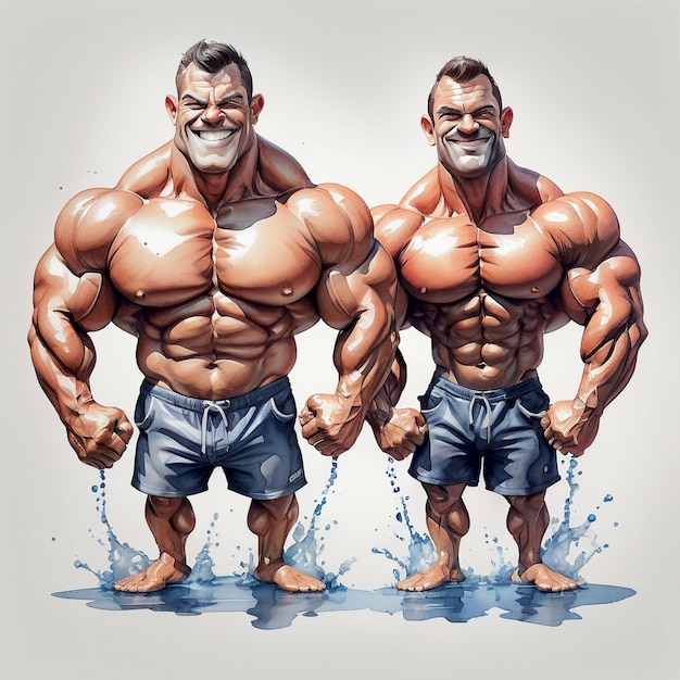 two muscular men with one wearing blue shorts and one has a white background