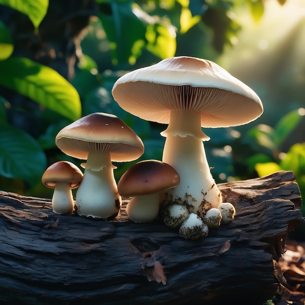 Two mushrooms on a log with a green background