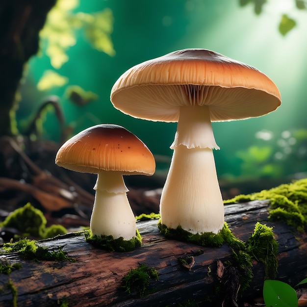 Two mushrooms on a log with a green background