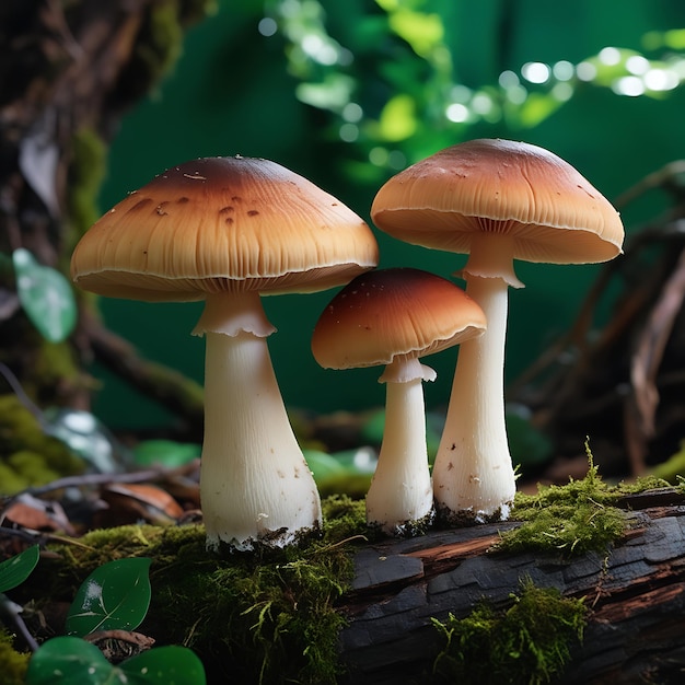 Two mushrooms on a log with a green background