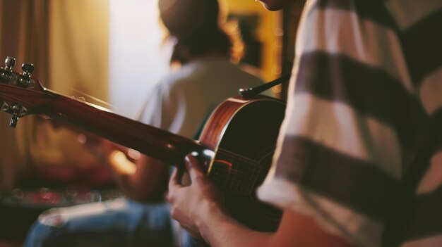 Photo two musicians strum guitars in a warmly lit room creating an intimate and soothing atmosphere filled with music and connection