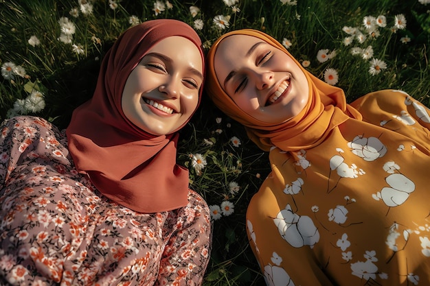 Two muslim women lying on the grass, one wearing a hijab and the other wearing a hijab.