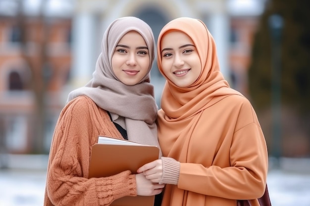 two Muslim women with hijab in college