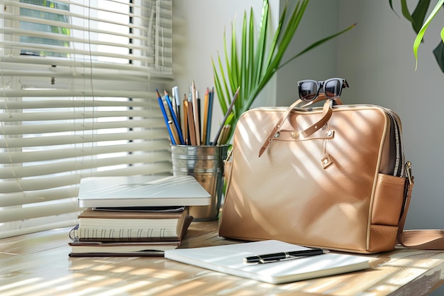 Photo two netebooks and bag with office supplies