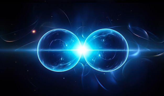 two neutrons stars blue glowing merging dark background