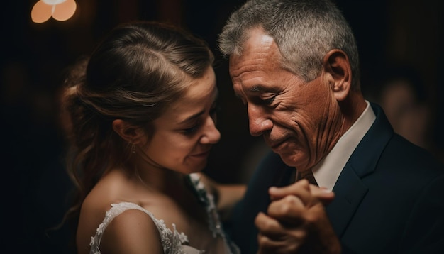 Two newlyweds embrace outdoors smiling with happiness generated by AI