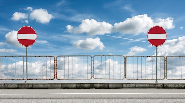 Photo two no entry road signs placed in front of a metal fence with a cloudy blue sky in the background the image symbolizes restriction boundaries and travel limitations