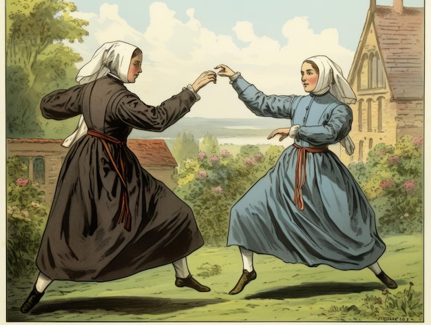 Two nuns fighting victorian era punch style cartoon