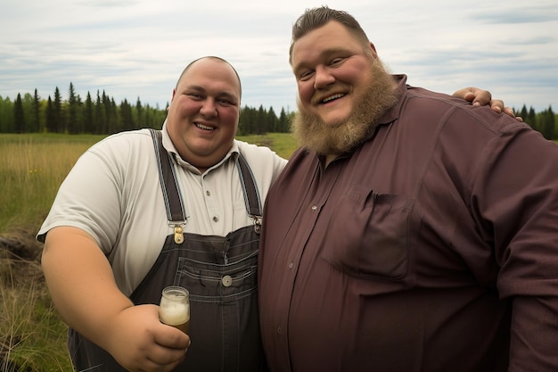 Two obese friends who are ranchers embracing and looking at the camera in the open field outdoors