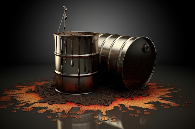 Two oil barrels and spilled crude oil on the abstract glossy black surface black background environm