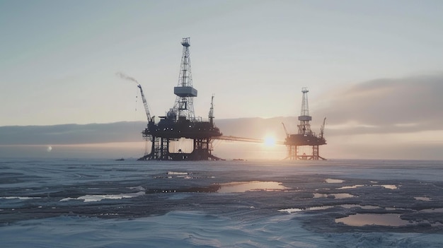 Photo two oil rigs stand tall against a breathtaking arctic sunset silhouetted against the icy landscape