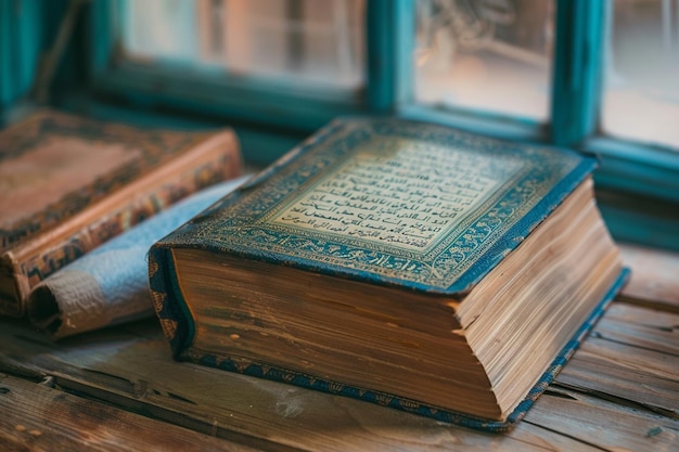 Photo two old books are on a table with one that says  old