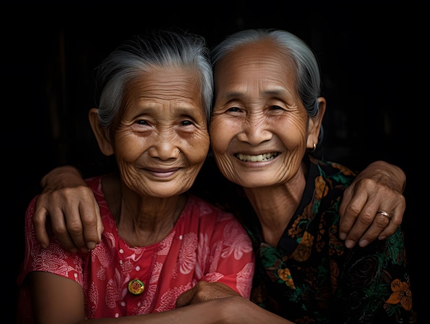 Two old friends hugging each other looking at the camera