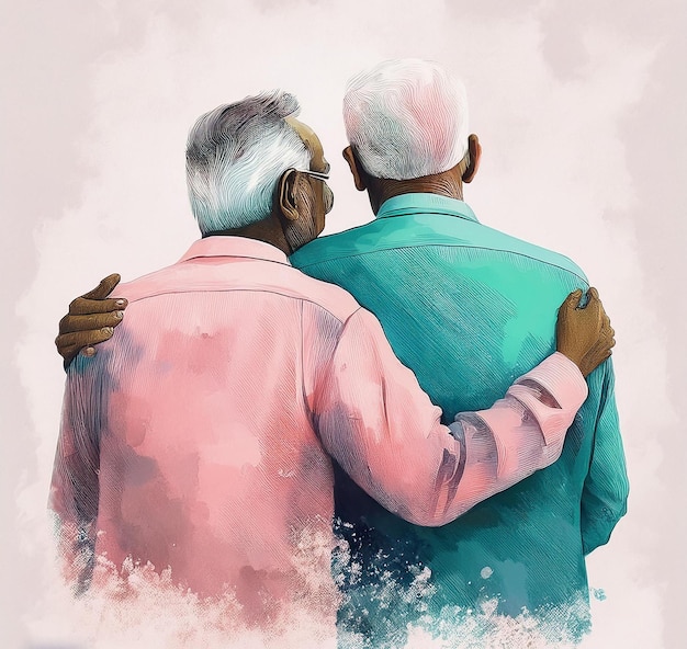 two old men hugging and one has a green shirt on