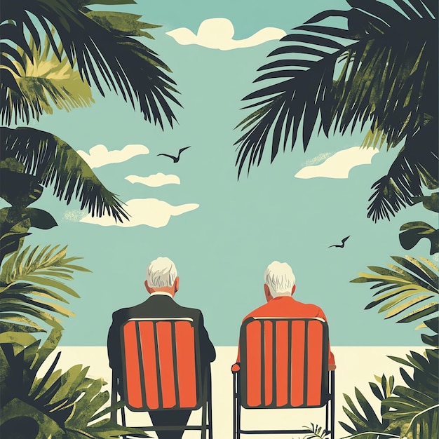 Photo two old men sit in chairs on a beach one of which has a palm tree in the background