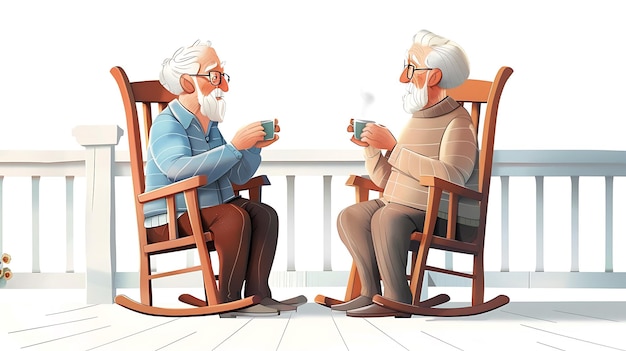 Photo two old men sit in chairs and drink coffee