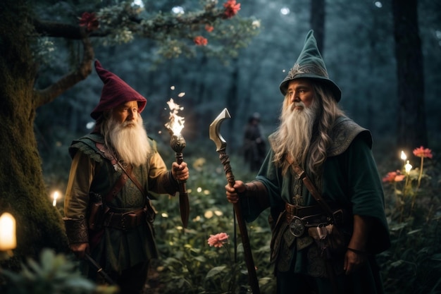 two old men with a torch and a fire