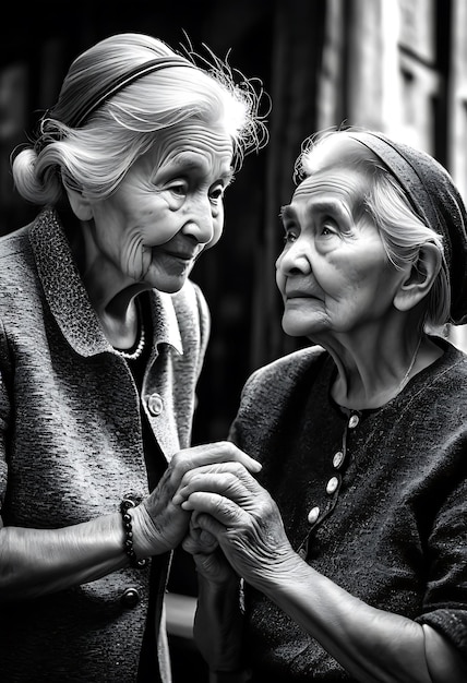 Photo two old women are sitting together one has a black and white photo