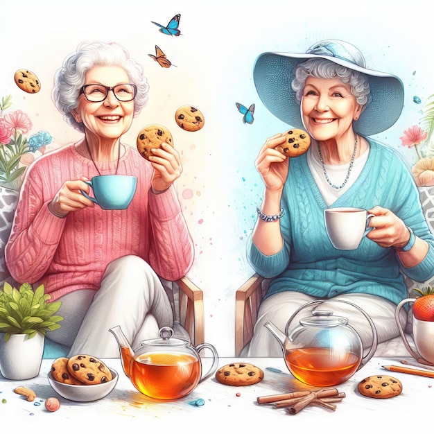 two old women sit in chairs one of them has a tea cup and the other says  old lady