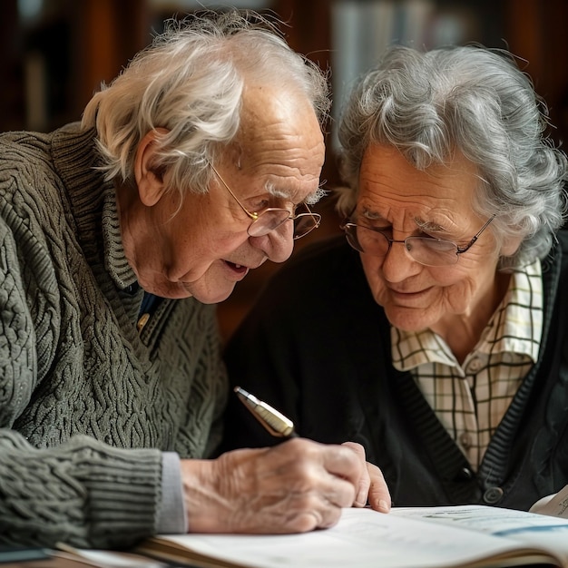 Photo two older men are writing on a piece of paper with a pen and a pen