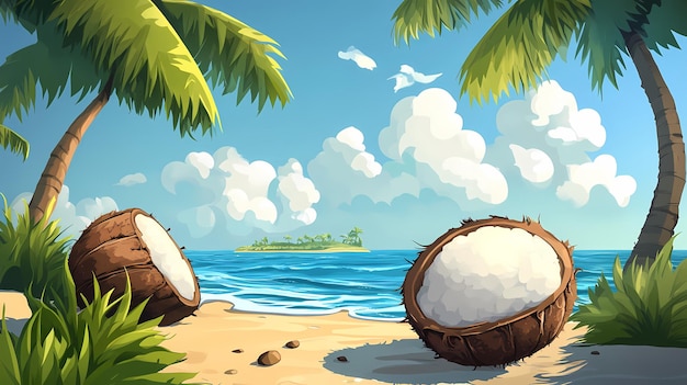 Photo two open coconuts on a sandy beach with a turquoise ocean palm trees and an island in the distance under a bright blue sky