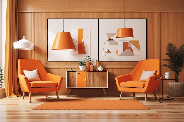 Two orange armchairs and a poster for the modern living room interior design using wood wall panelling