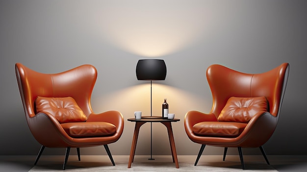 two orange chairs are sitting next to a table and a lamp