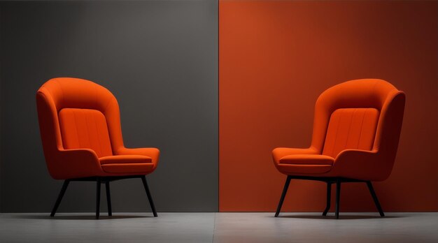 Photo two orange chairs in an empty room in the style of dark gray and light crimson generative ai