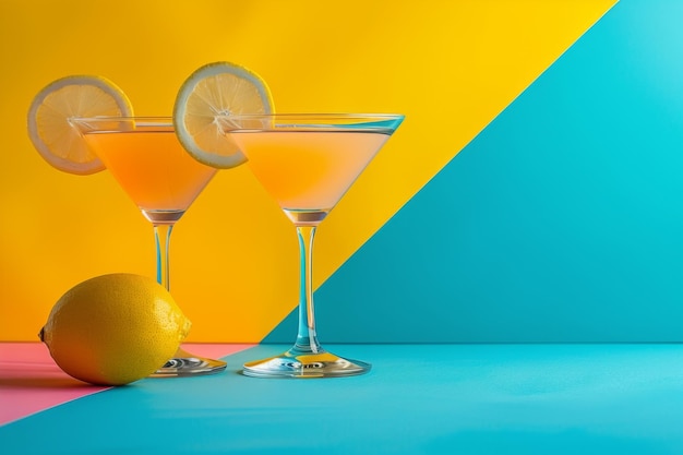 Photo two orange cocktails on a yellow and blue background