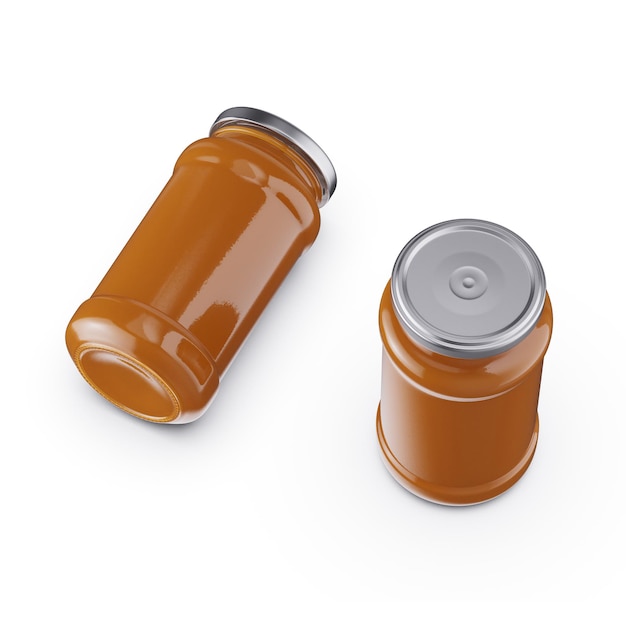 Two orange containers with silver lids and a silver lid are next to each other.