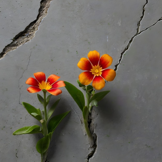 two orange flowers are growing in a crack in a concrete floor