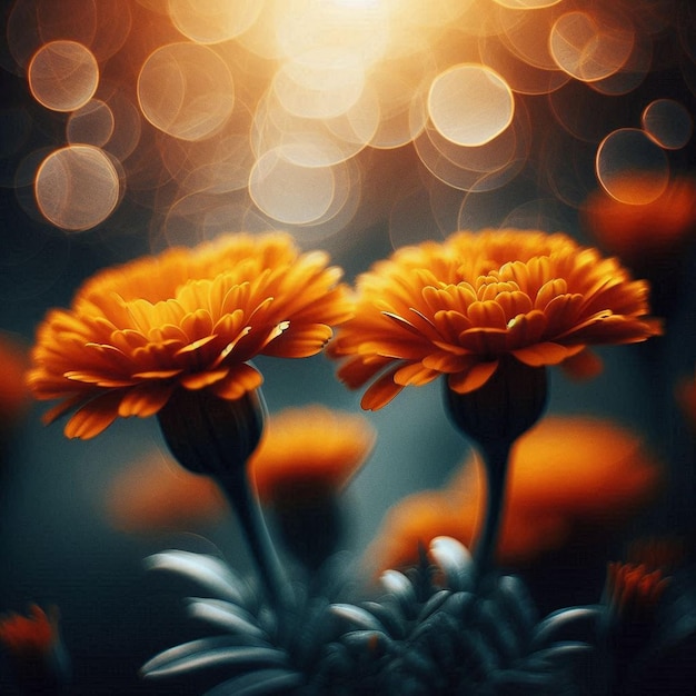 two orange flowers with the sun behind them