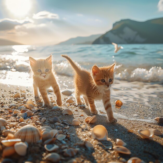 two orange kittens on a beach with shells and pebbles