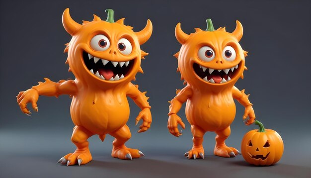 Photo two orange monsters with big eyes and a big mouth