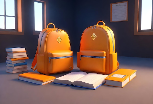 two orange school bags are on a table with books and a book on the floor