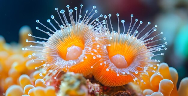 Photo two orange sea creatures with white spots on their heads the image has a bright and cheerful mood