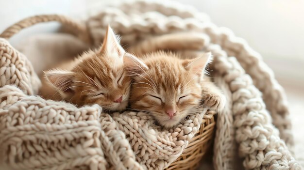 Photo two orange tabby kittens sleeping in a basket