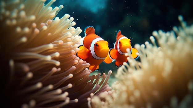 Two orange and white fish swimming in anemone Generative AI Art