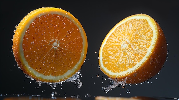 two oranges are being splashed with water and one has a splash of water