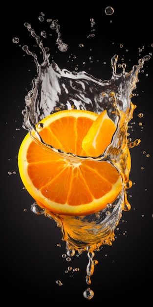 Two oranges are cut in half with water splashing on the side Generative AI