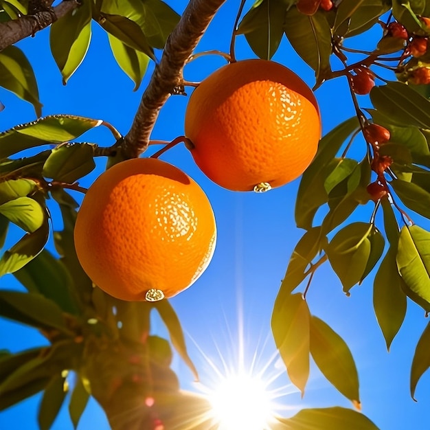 Two oranges are hanging on a tree with the sun shining on them