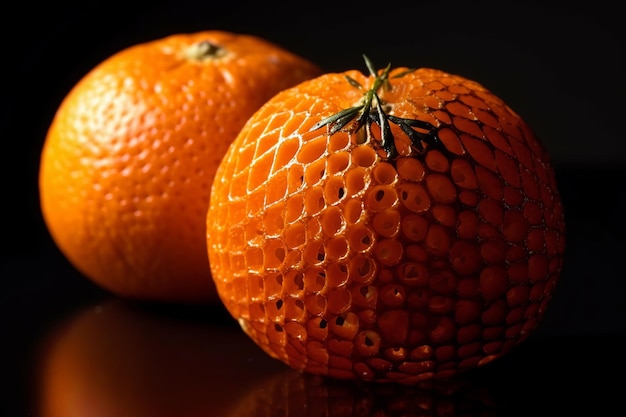 Two oranges next to each other Orange fruits of a rounded shape with different fancy skin textures