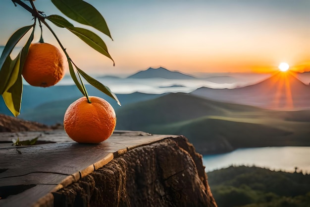 two oranges on a log with a sunset in the background.