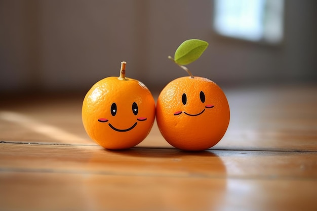 Two oranges sit on a wooden floor one of which has the word orange on it