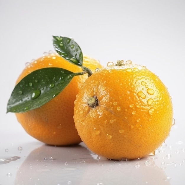 Two oranges with a green leaf on them